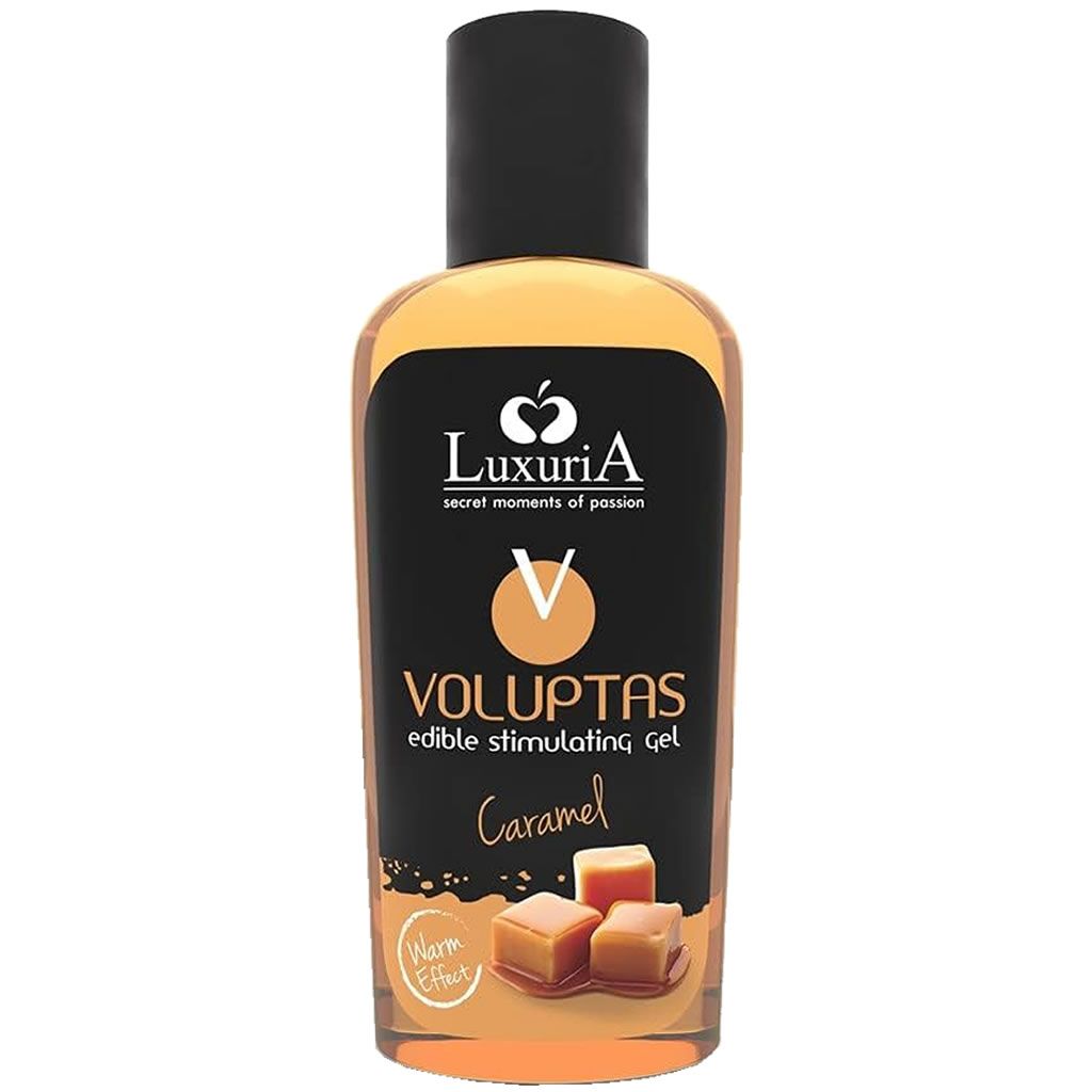 Flacon de gel ambré. Étiquette noire "Luxuria Voluptas Caramel". Illustration de bonbons au caramel. "Warm Effect".