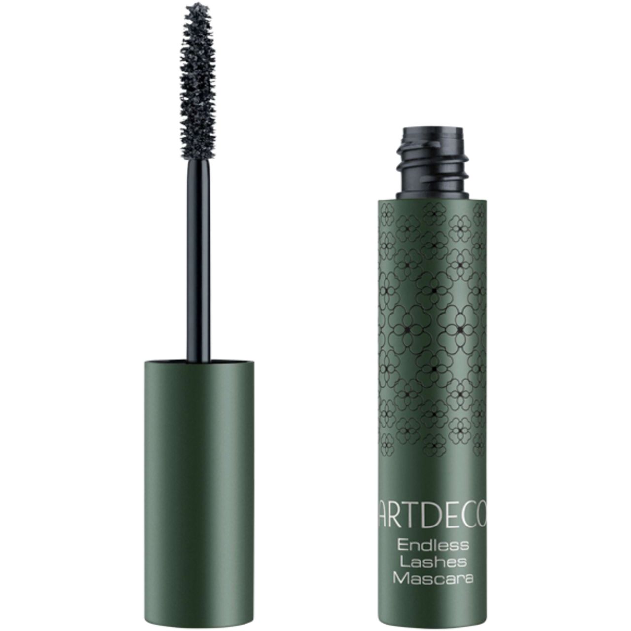Groene mascarabuis met zwarte borstel. Opschrift: ARTDECO Endless Lashes Mascara. Borstel eruit.