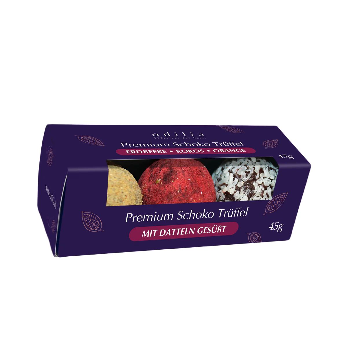 Chocoladetruffels in paarse doos: aardbei-, kokos- en sinaasappeltruffels. 45g.