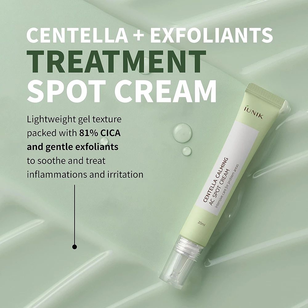 Tube verte avec texte. Inscription : iUNIK, Centella Calming AC Spot Cream. Texte : Crème spot de traitement. 20ml.
