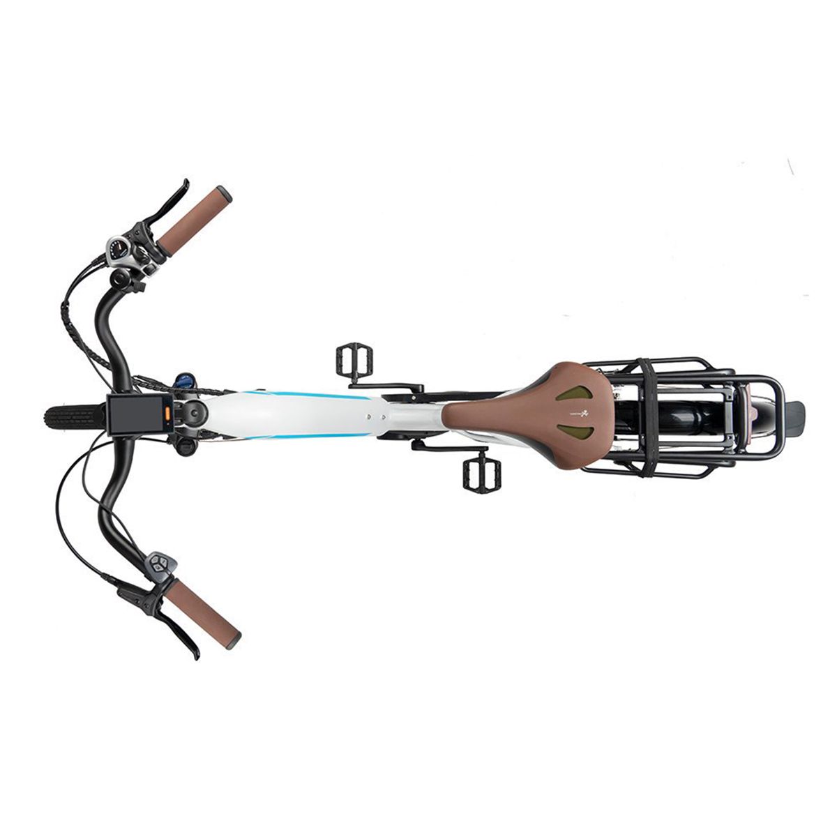 Vue de dessus d'un vélo électrique blanc JOBOBIKE Linda. Selle et poignées marron. Porte-bagages et pédales noirs.