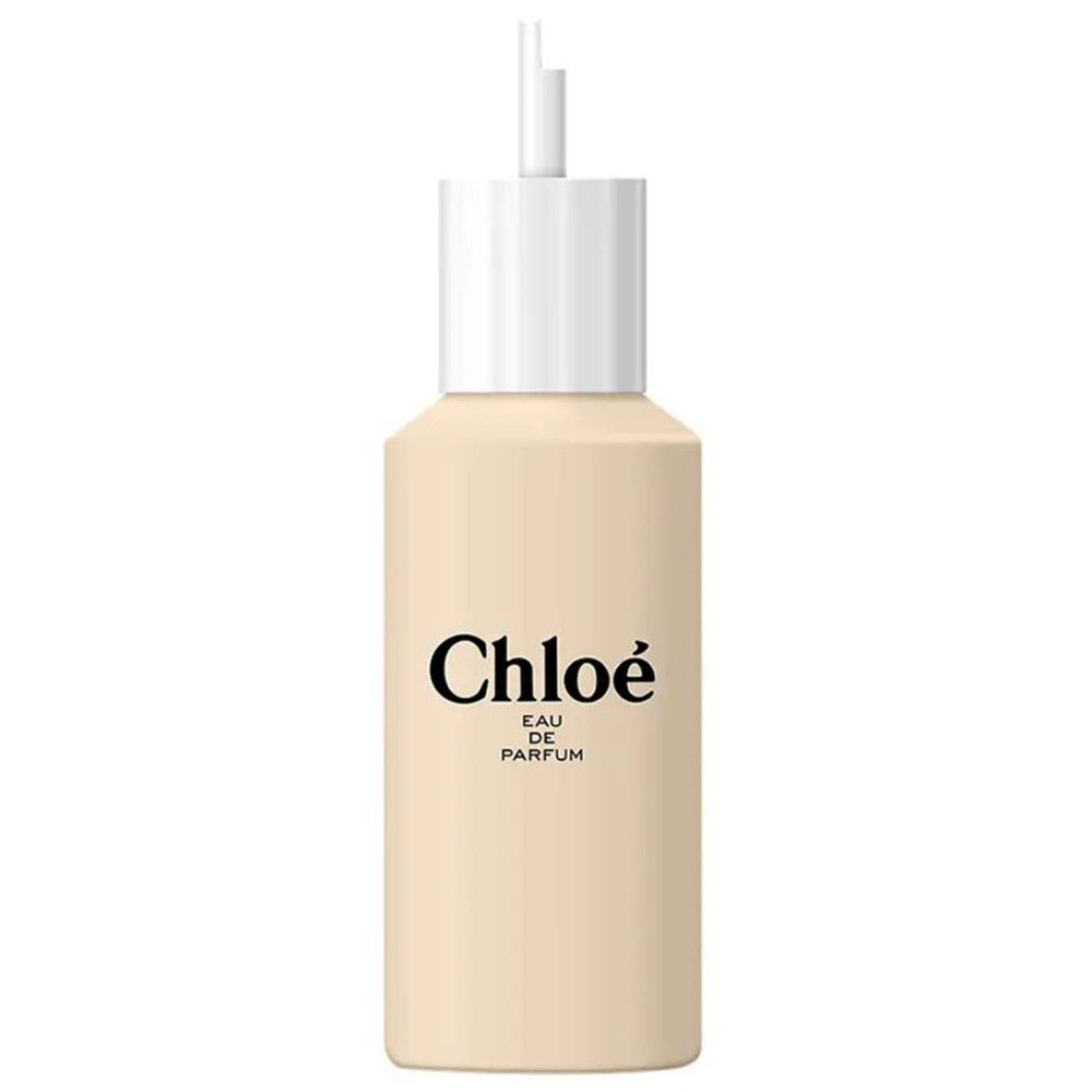 Beige fles met witte sluiting en applicator. Opschrift Chloé Eau de Parfum.