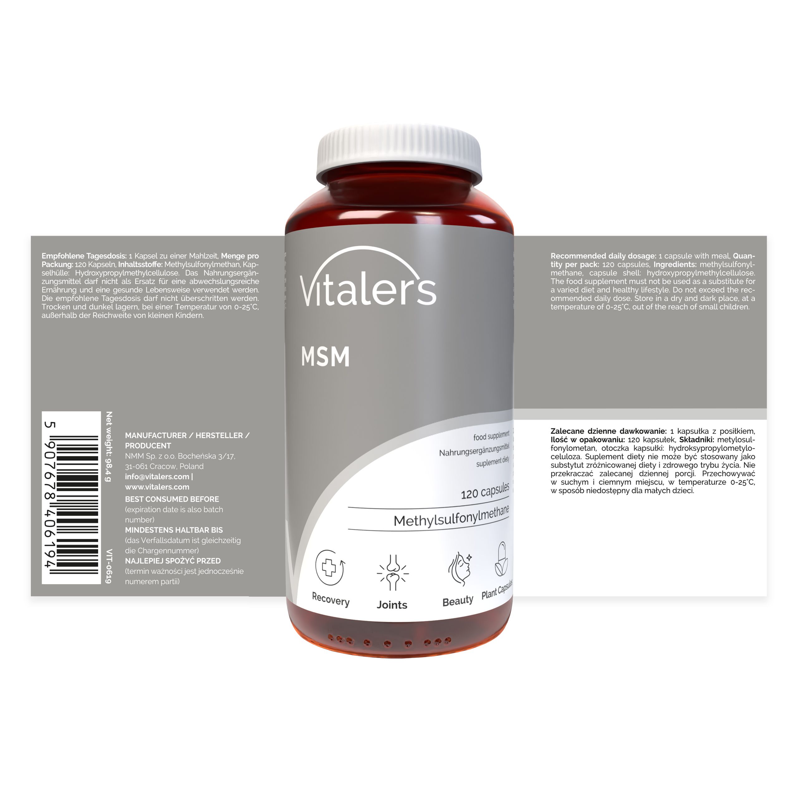 Flacon et boîte de gélules Vitaler's MSM, vue de côté avec les étiquettes.