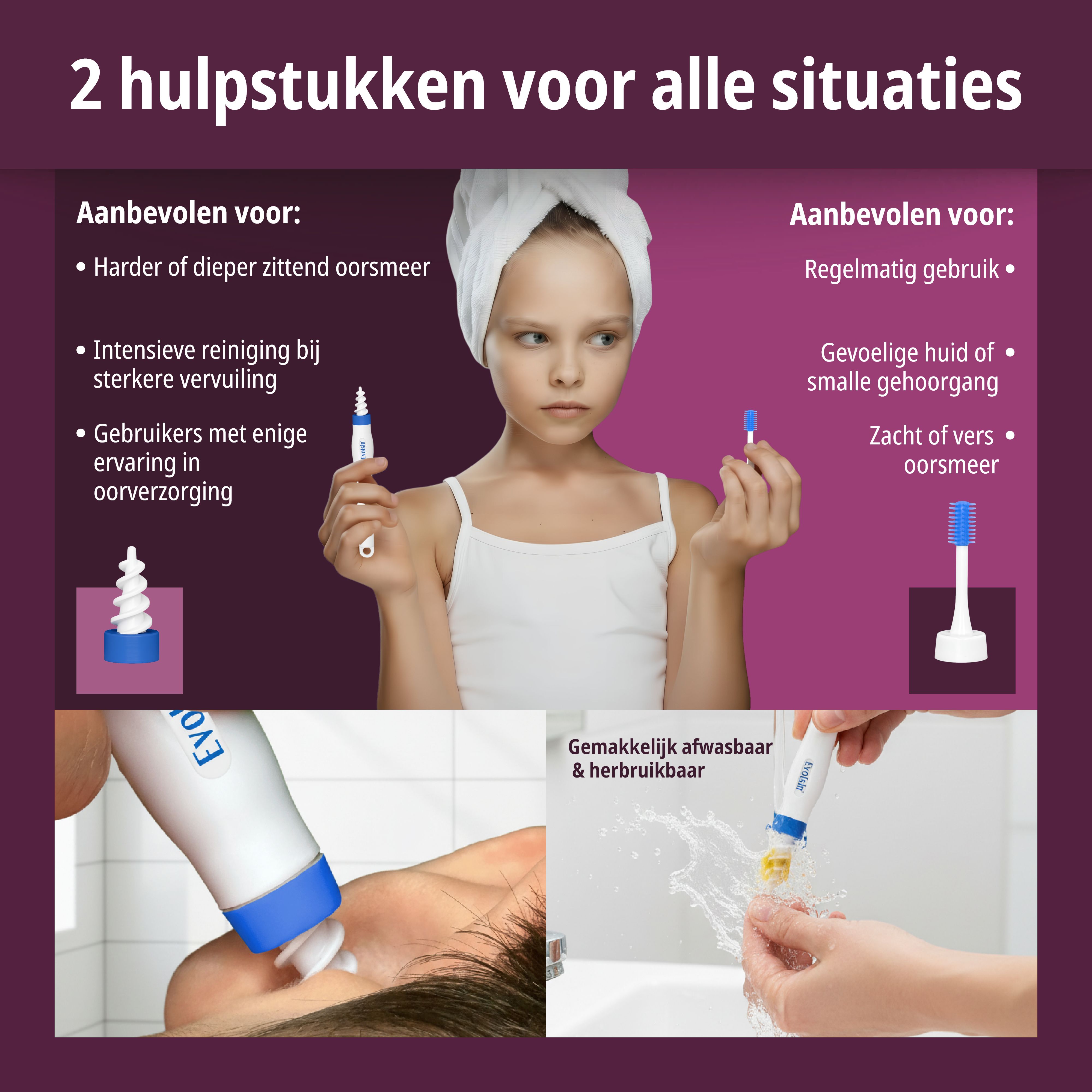 EVOLSIN® Anti-Oorsmeer: 2 opzetstukken voor alle situaties, voor gevoelige huid of smalle gehoorgang.