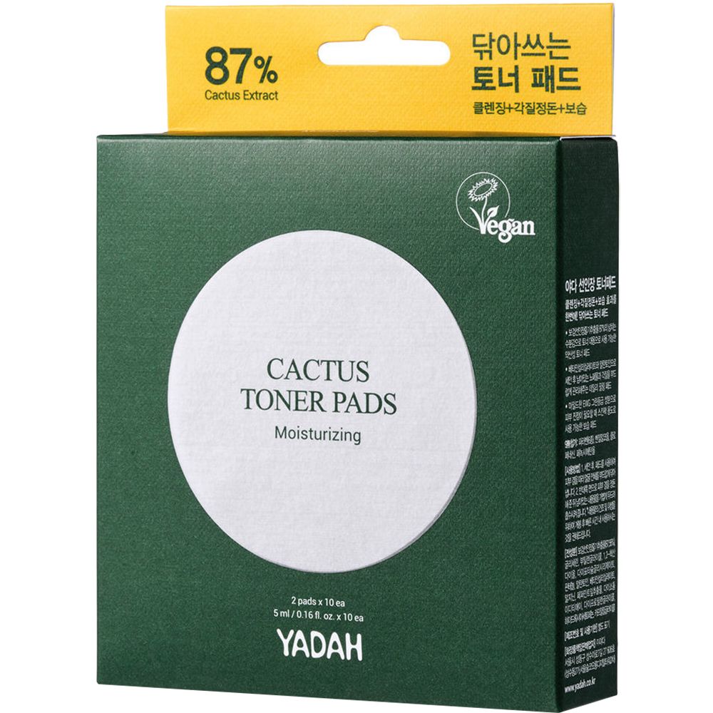 Groene verpakking met witte pads. Opschrift: Cactus Toner Pads, 87% Cactus Extract, Vegan-label. Merk: YADAH.