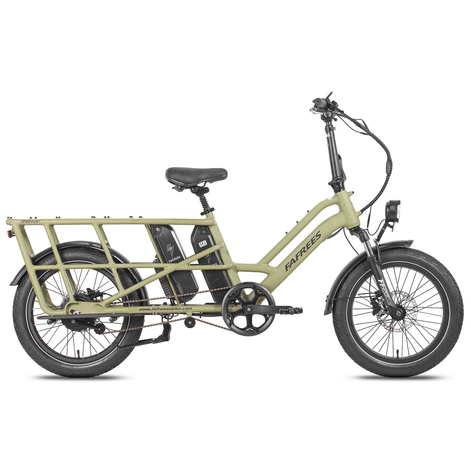 Groene Fafrees FF20 CUV e-bike. Bagagerek, twee batterijen, koplamp, zwarte banden en zadel.