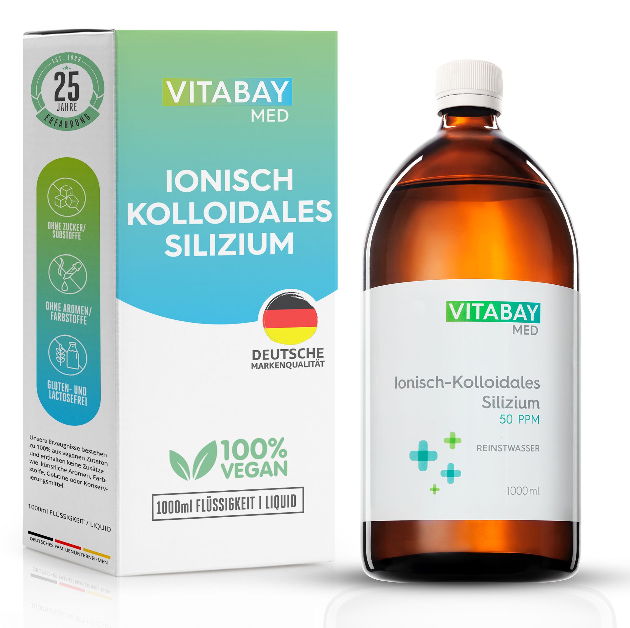 Vitabay Med Ionisch Colloïdaal Silicium 50 PPM in bruine glazen fles met doos. 1000ml vloeistof.