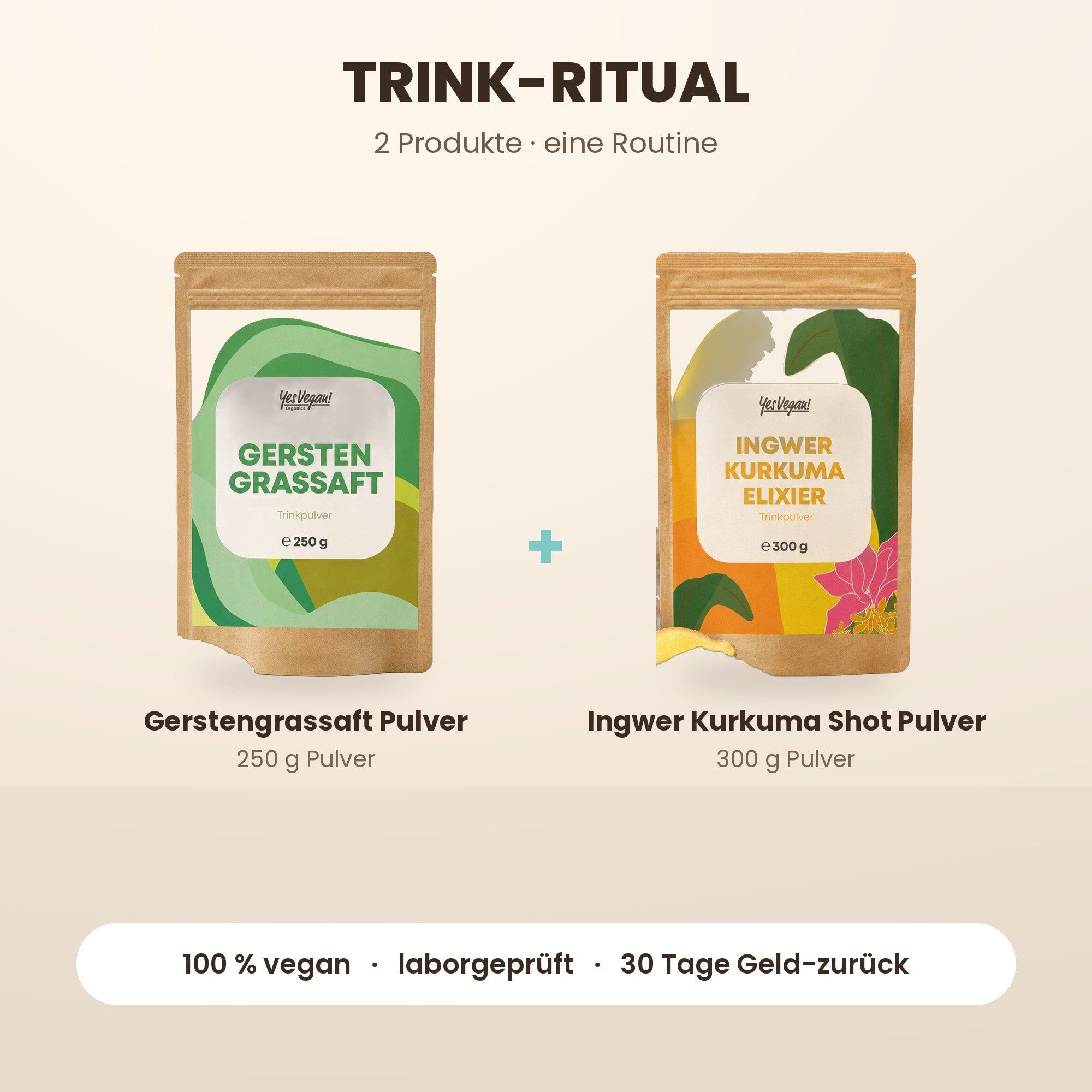 Twee zakjes poeder: gerstegraspoeder (250g) en gember kurkuma elixer (300g).