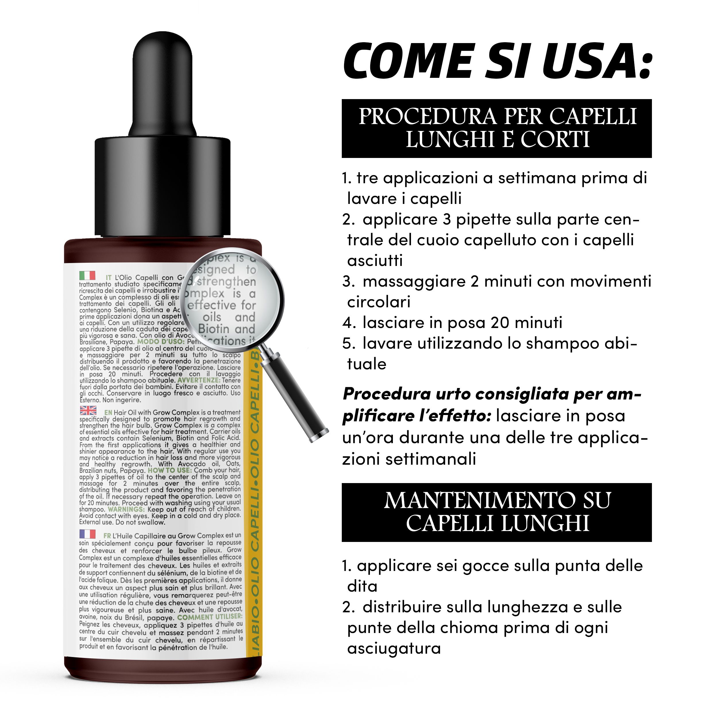 Haaroliefles met druppelaar en vergrootglas. Tekst: Come si usa: Procedura per capelli lunghi e corti. Mantenimento su capelli lunghi.