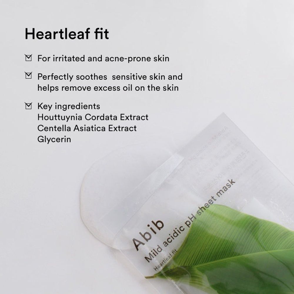Abib Mild acidic pH sheet mask. Verpakking met groen blad. Tekst: Heartleaf fit. Ingrediënten: Houttuynia Cordata Extract, Centella Asiatica Extract.