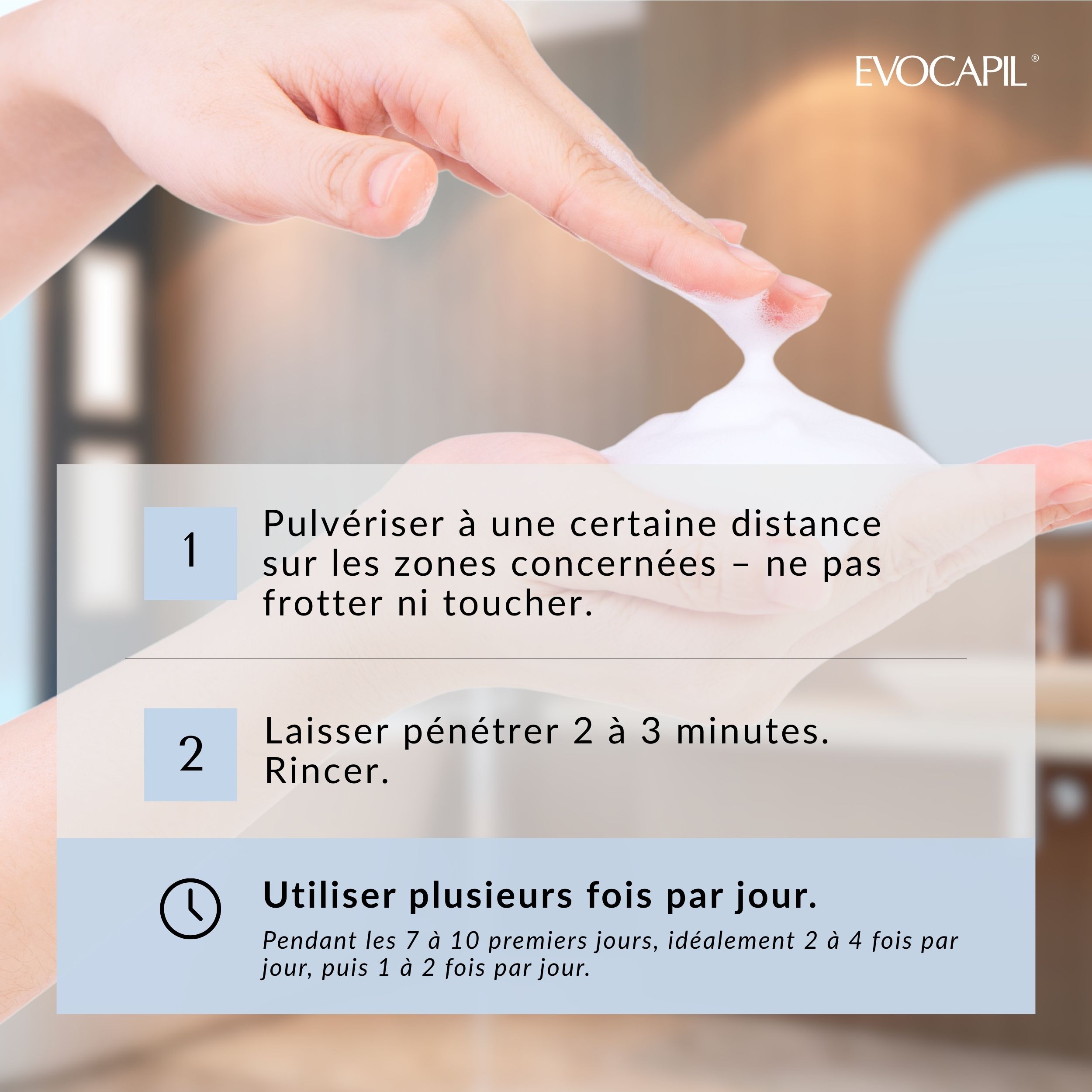Instructions d'utilisation: Vaporiser, laisser agir 2-3 minutes, rincer. Utiliser plusieurs fois par jour.