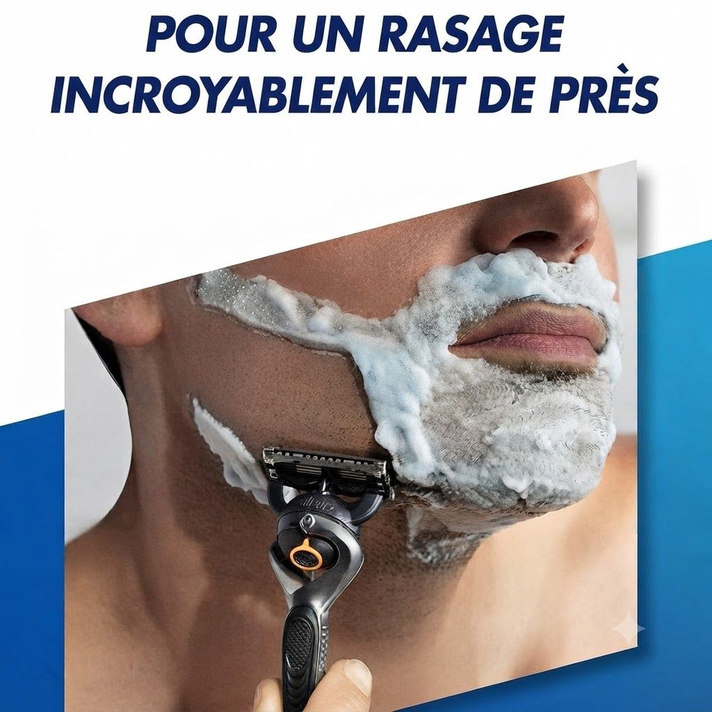 Un homme se rase avec un rasoir noir et argenté couvert de mousse à raser.