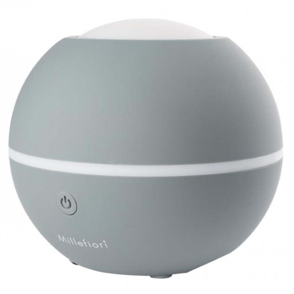 Diffuseur Hydro Sphere gris Millefiori Milano. Forme sphérique, bande blanche. Logo et bouton marche/arrêt.