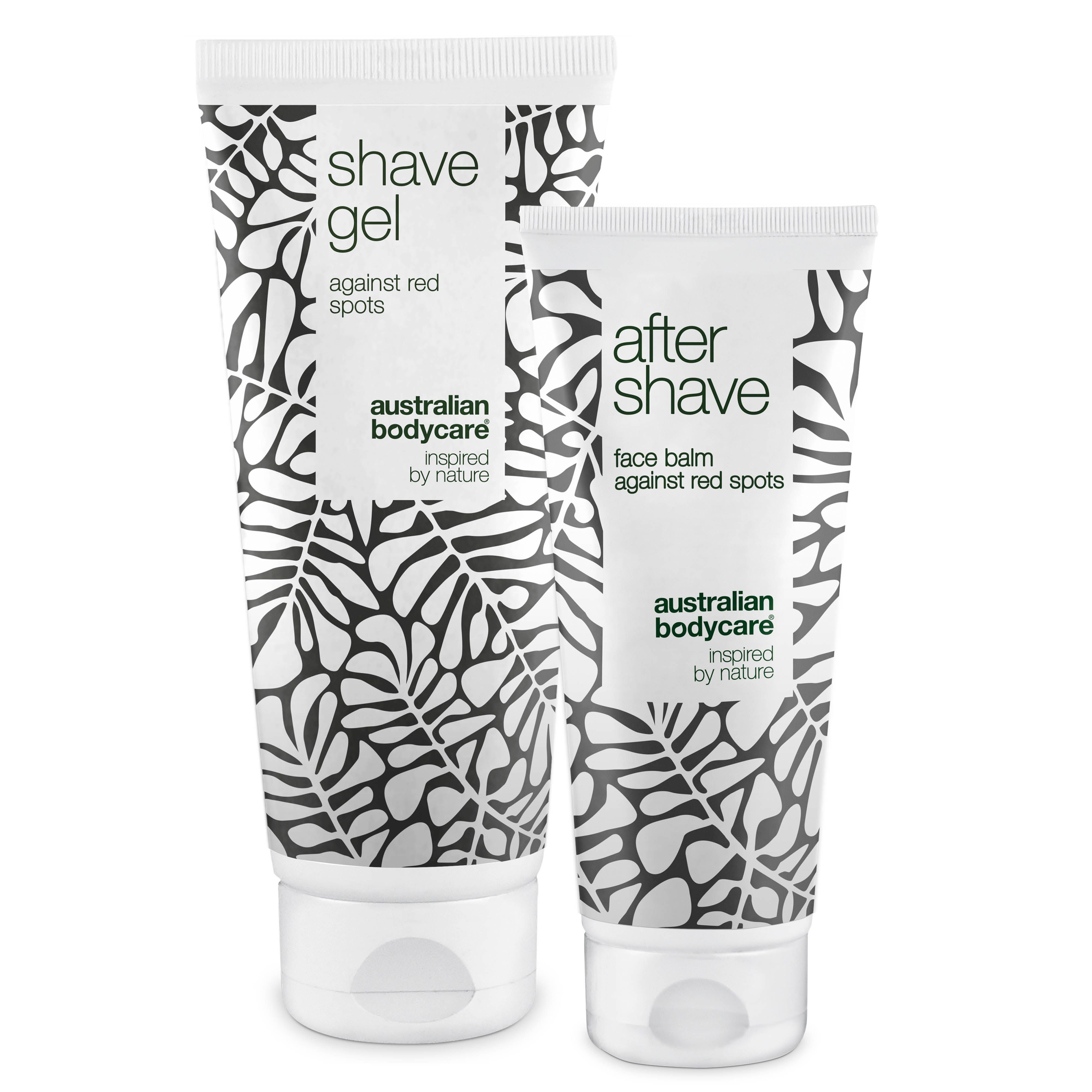 Twee tubes: "Shave Gel" en "After Shave". Bladmotief op witte achtergrond. Australian Bodycare.