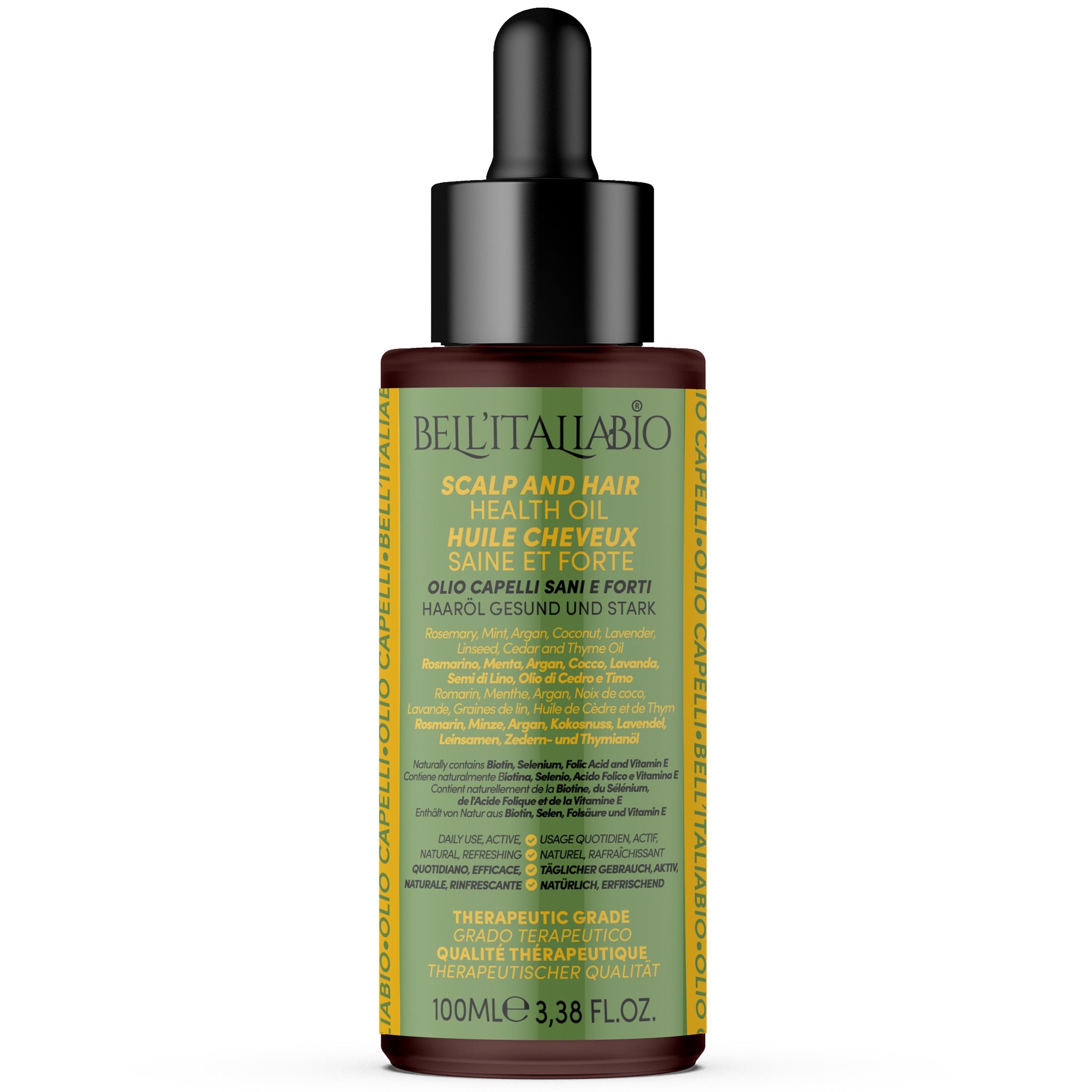 Haaroliefles met zwarte dop en druppelaar. Tekst: Bell'Italiabio, Scalp and Hair Health Oil, Huile Cheveux Saine et Forte, Oilo Capelli Sani e Forti.