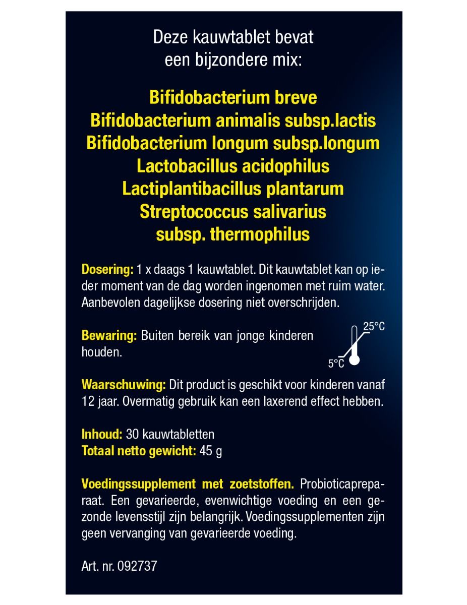 Achterkant verpakking "Lucovitaal BioticoMel". Bevat info over ingrediënten, dosering en waarschuwingen. 30 kauwtabletten.