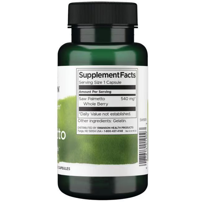 Dos du flacon vert. Inscription: Swanson, Saw Palmetto, 540 mg. Ingrédients: Gélatine. 100 capsules.