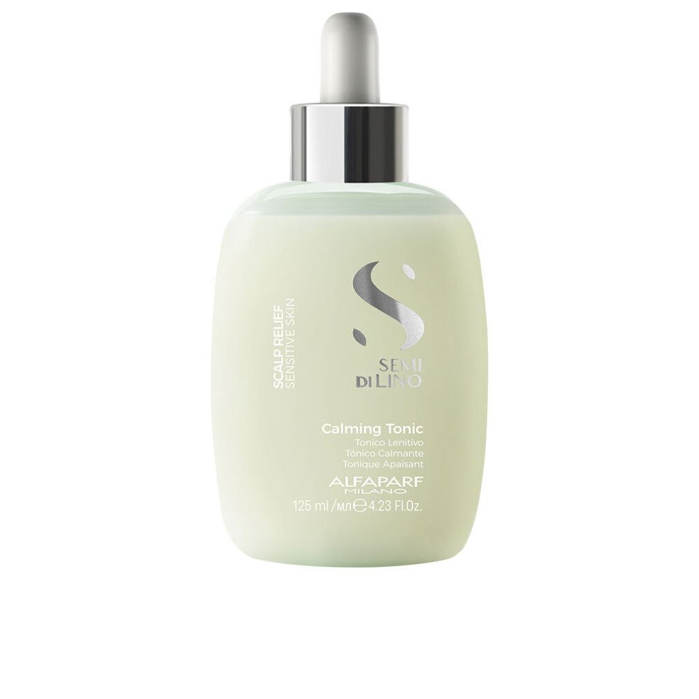 Groene fles met zilveren pipet. Opschrift: Semi Di Lino, Calming Tonic. Merk: Alfaparf Milano.