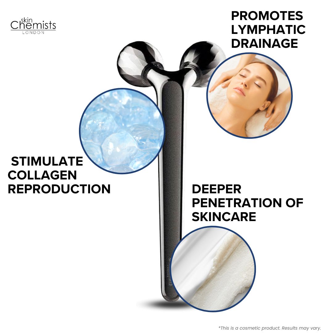Rouleau de massage facial avec texte: Stimule la reproduction du collagène, Favorise le drainage lymphatique, Pénétration plus profonde des soins.