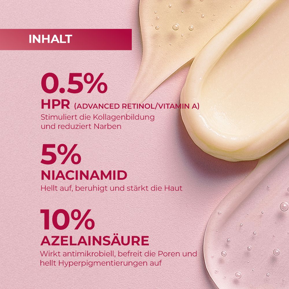 Gros plan de trois crèmes. Texte: 0,5% HPR, 5% Niacinamide, 10% Acide Azélaïque. Fond rose.