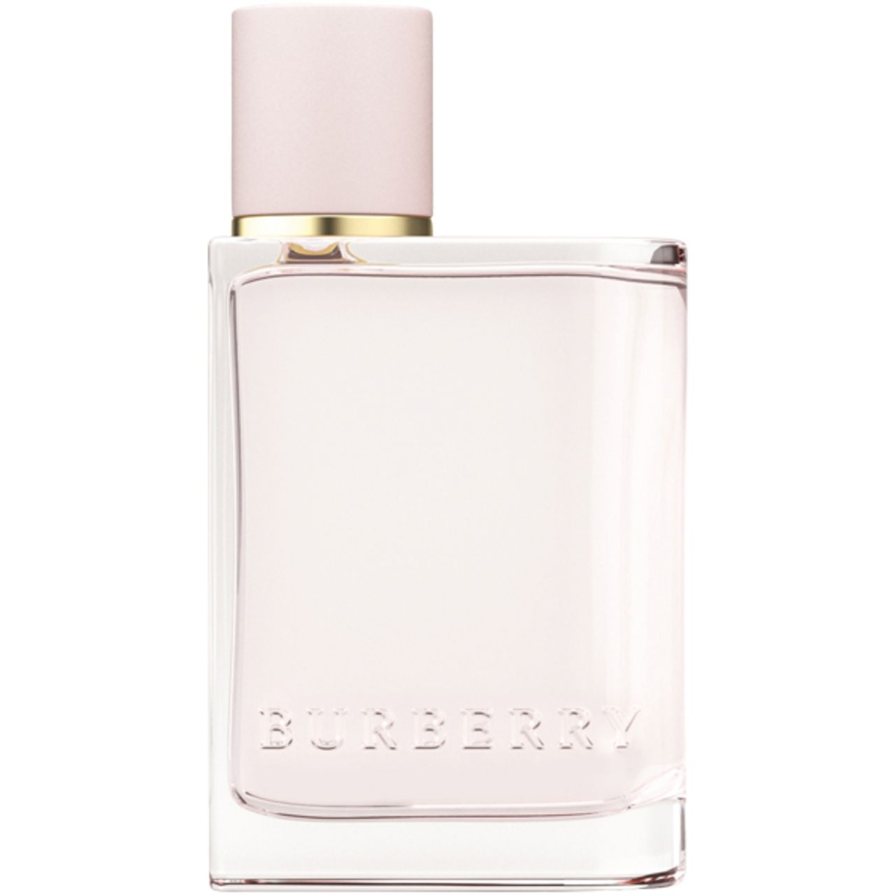 Flacon de parfum carré avec bouchon rose et col doré. Inscription Burberry sur le flacon.