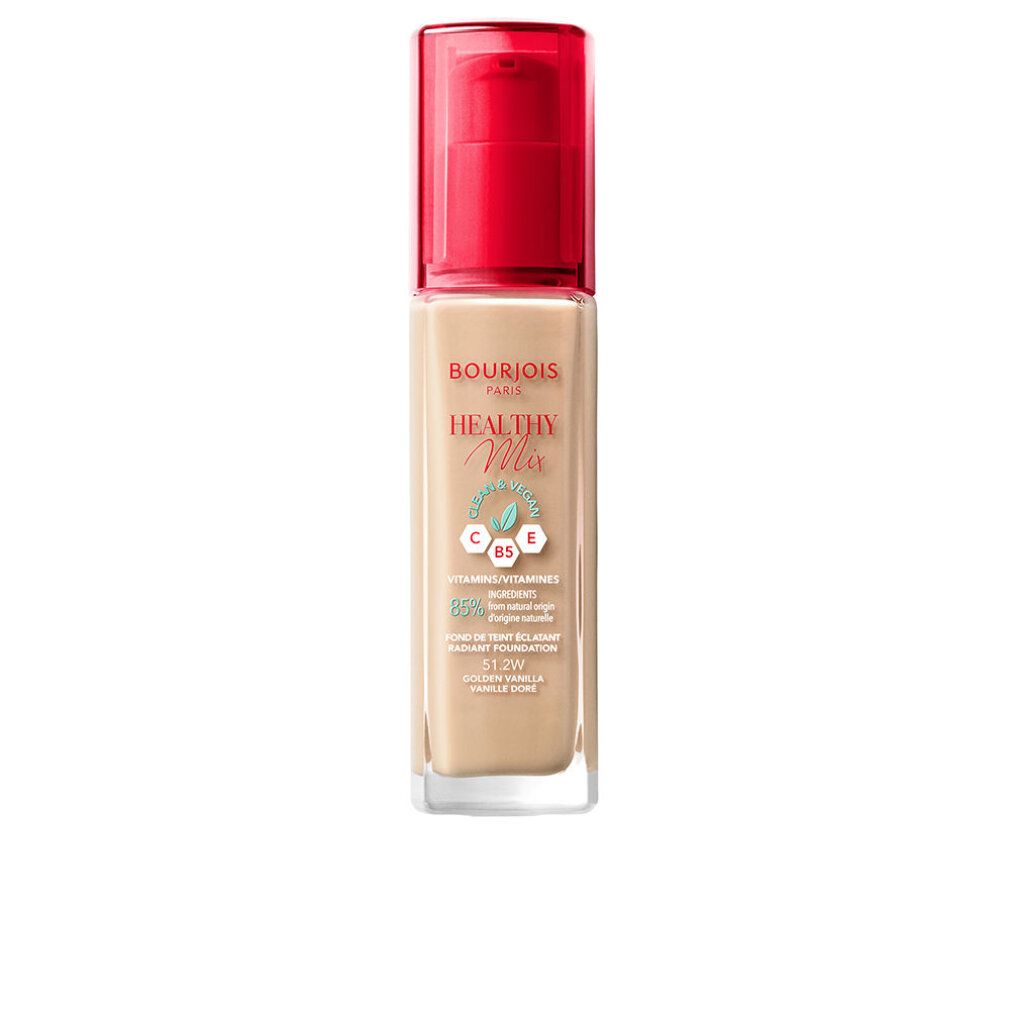 Flacon de fond de teint Bourjois Healthy Mix. Liquide beige, bouchon pompe rouge. Texte: Healthy Mix, 51,2W.