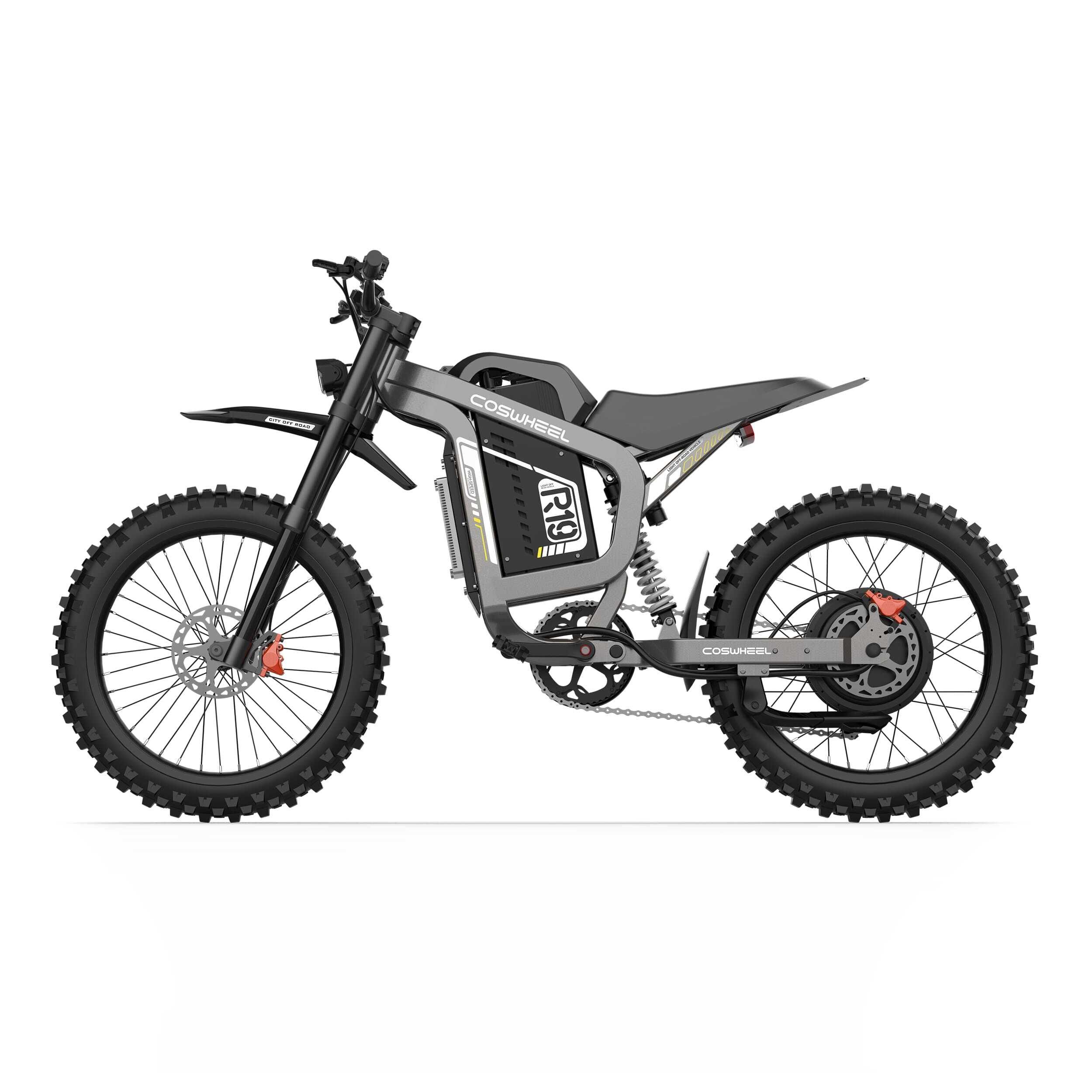 Grijze COSWHEEL R19 elektrische dirtbike. Zwarte banden, vering, accubehuizing. R19-logo zichtbaar.