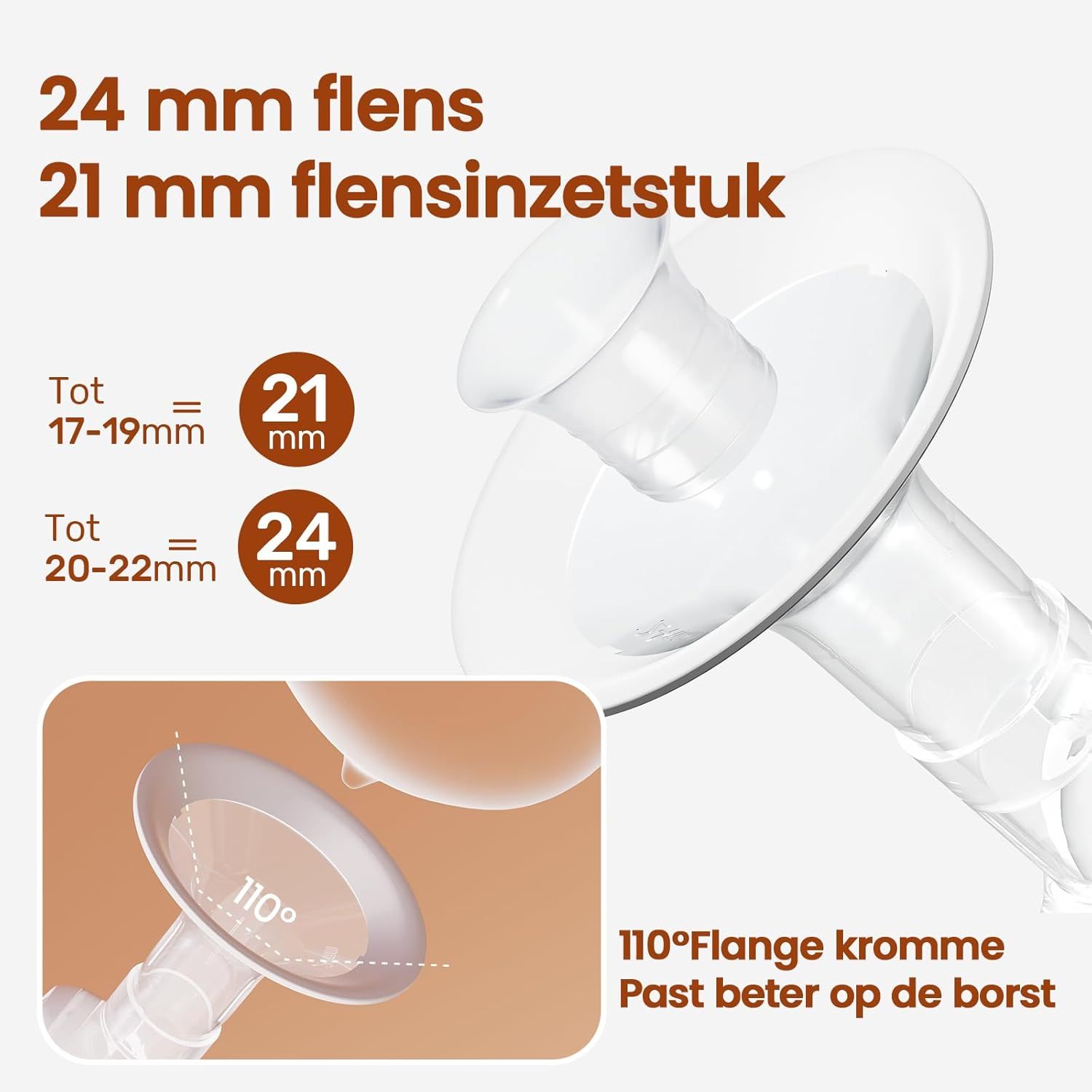 24 mm flens en 21 mm flensinzetstuk. Maten 17-19mm en 20-22mm.