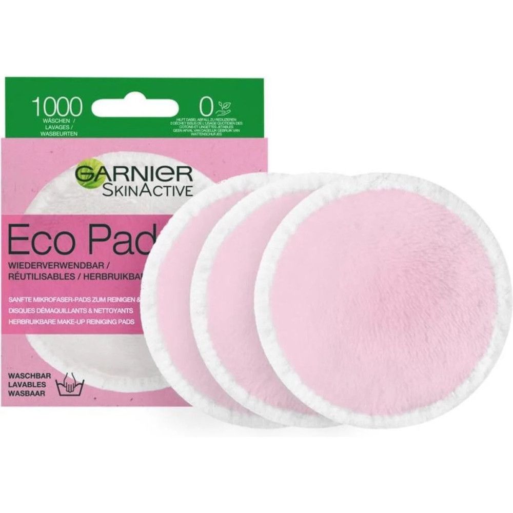 Roze make-upreinigingspads en verpakking. Garnier SkinActive Eco Pad, herbruikbaar. 3 pads zichtbaar.