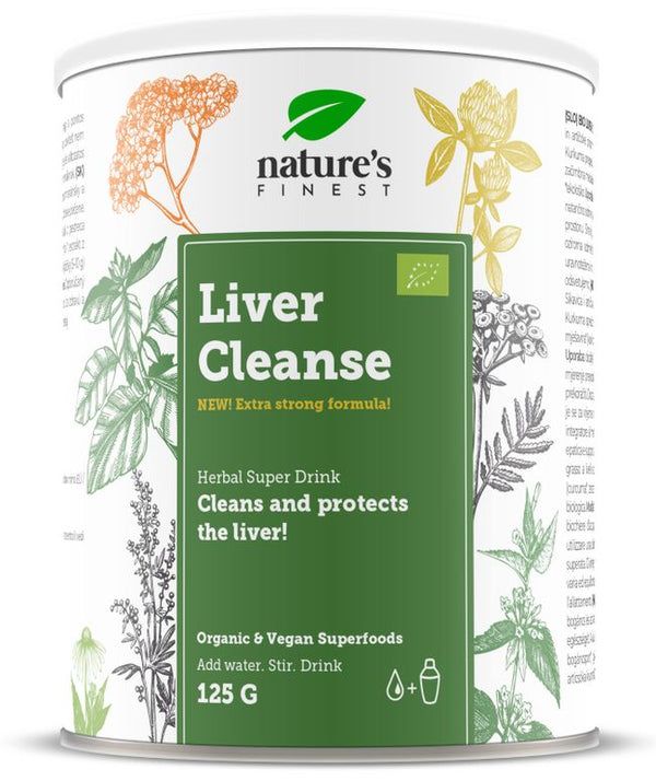 Boîte de produit. Texte : Nature's Finest, Liver Cleanse, 125g. Emballage vert et blanc avec des herbes.
