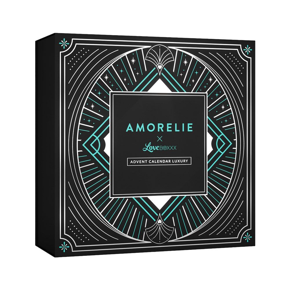 Zwarte vierkante adventskalenderbox met geometrisch patroon en AMORELIE-logo. Tekst: ADVENT CALENDAR LUXURY.