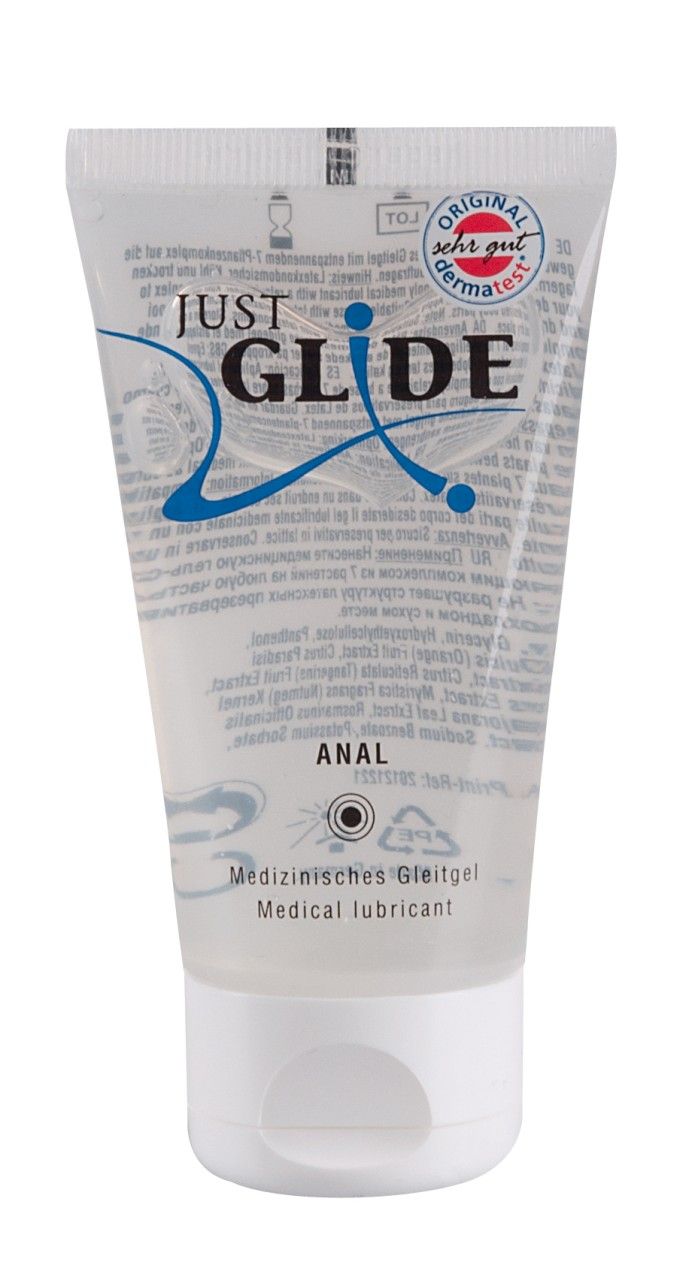 Transparante tube met witte dop. Opschrift: JUST GLIDE ANAL. Medische glijmiddel.
