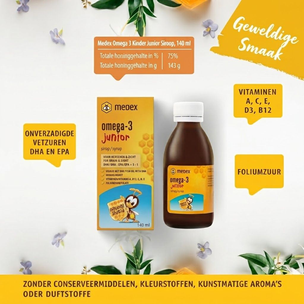 Medex Omega-3 Junior Siroop: Bruine glazen fles en kartonnen doos met bijenmotief. Bevat vitamines A, C, E, D3, B12 en foliumzuur.