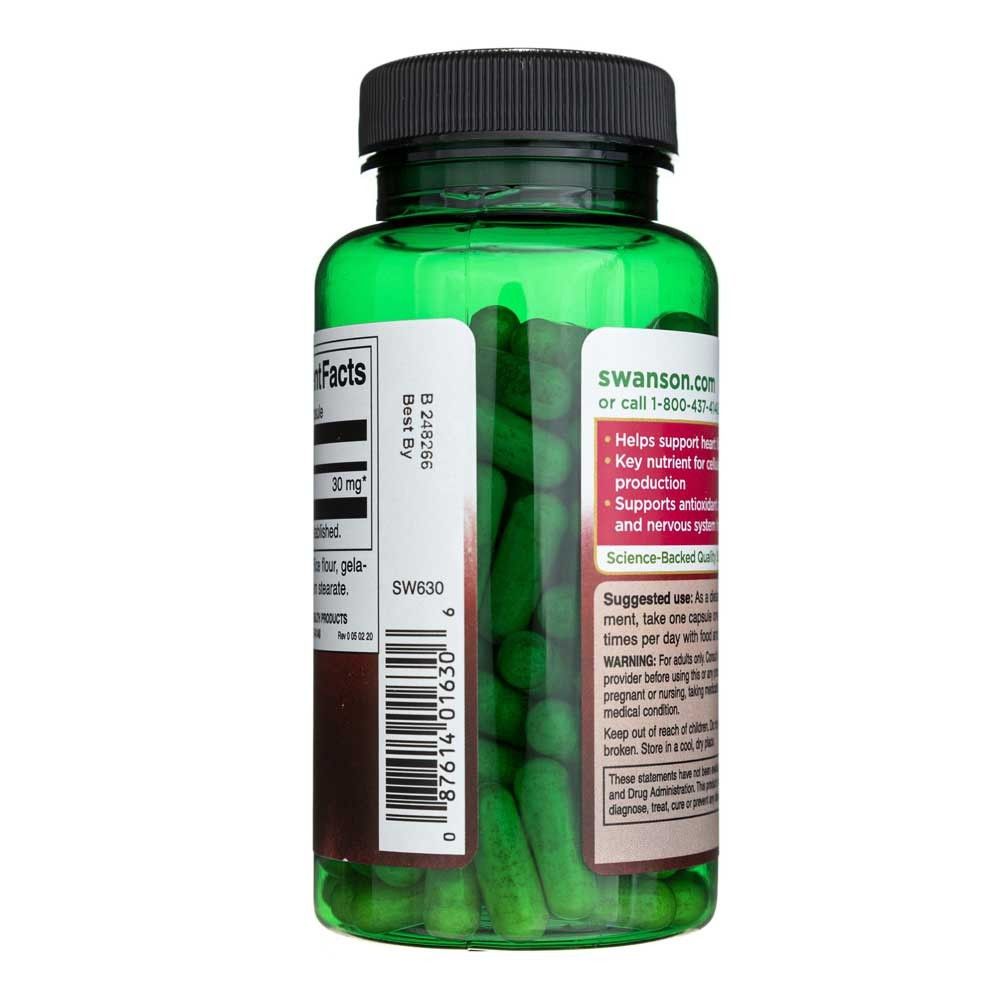 Groene Swanson CoQ10 fles met zichtbare capsules en etiket.