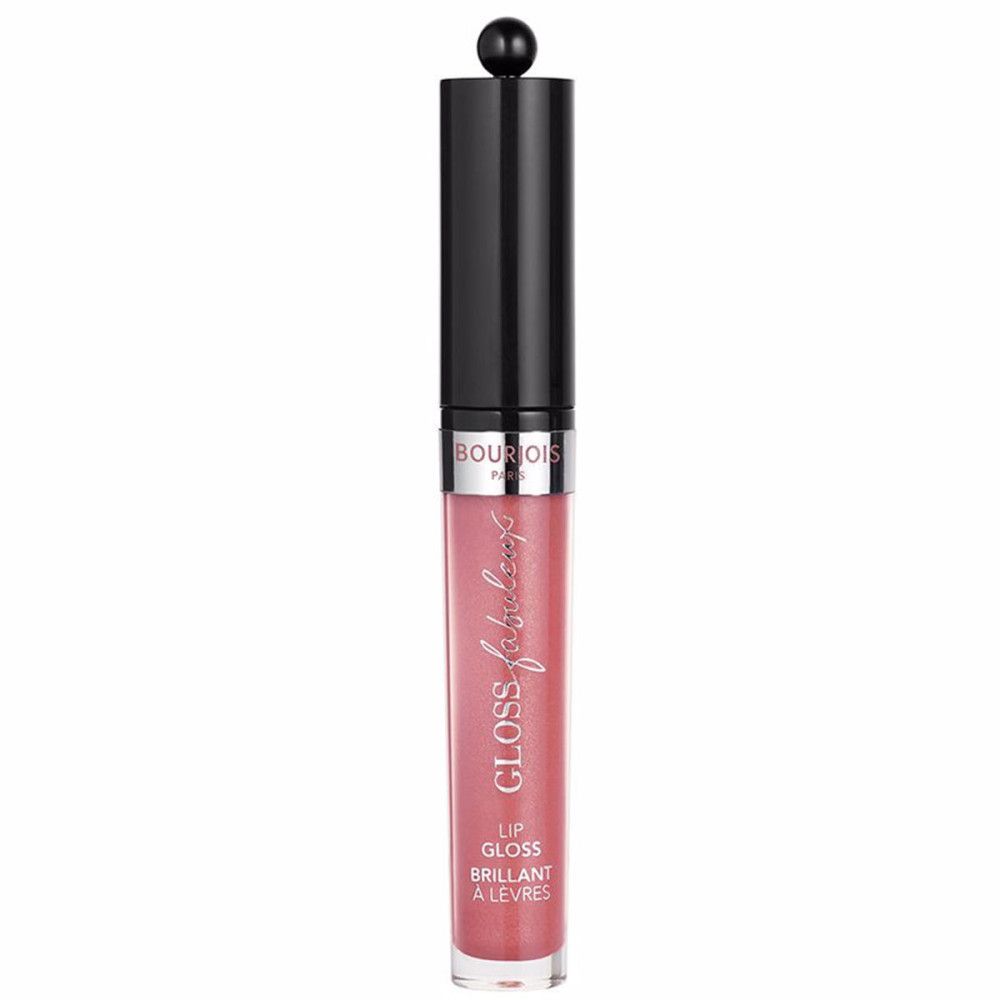Gloss. Bouchon noir, tube rose. Inscription: Gloss Fabuleux. Bourjois Paris.