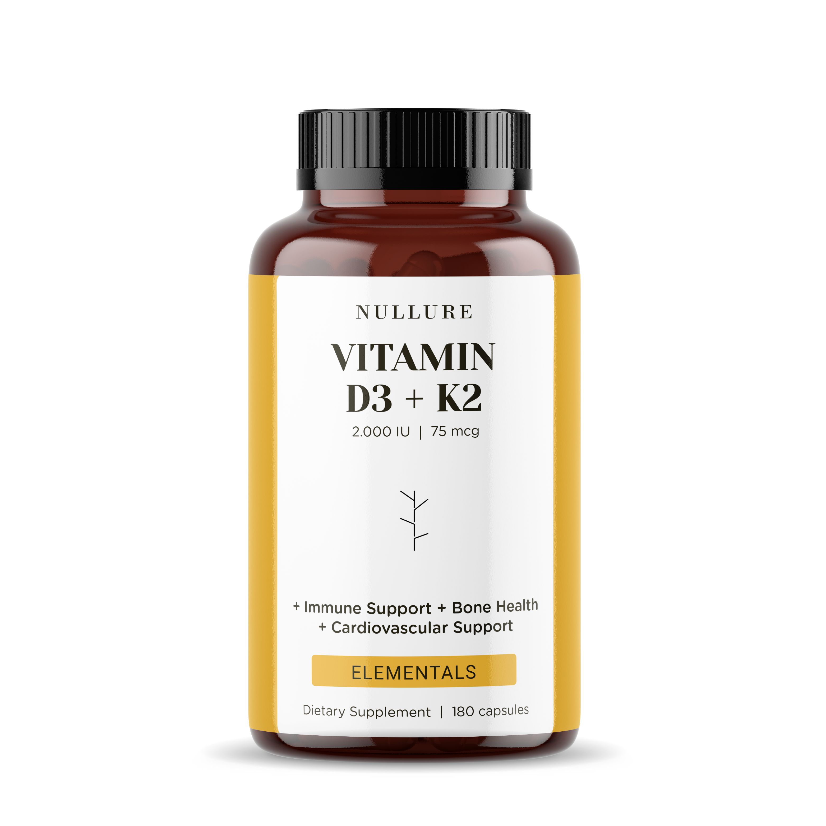 Flacon brun avec étiquette jaune. Texte : Vitamine D3 + K2, 2 000 UI, 180 gélules. Soutient le système immunitaire, la santé des os, cardiovasculaire.