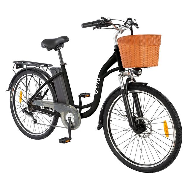 Vélo électrique noir avec panier. Logo DYU sur le cadre. Panier orange. Batterie et porte-bagages.