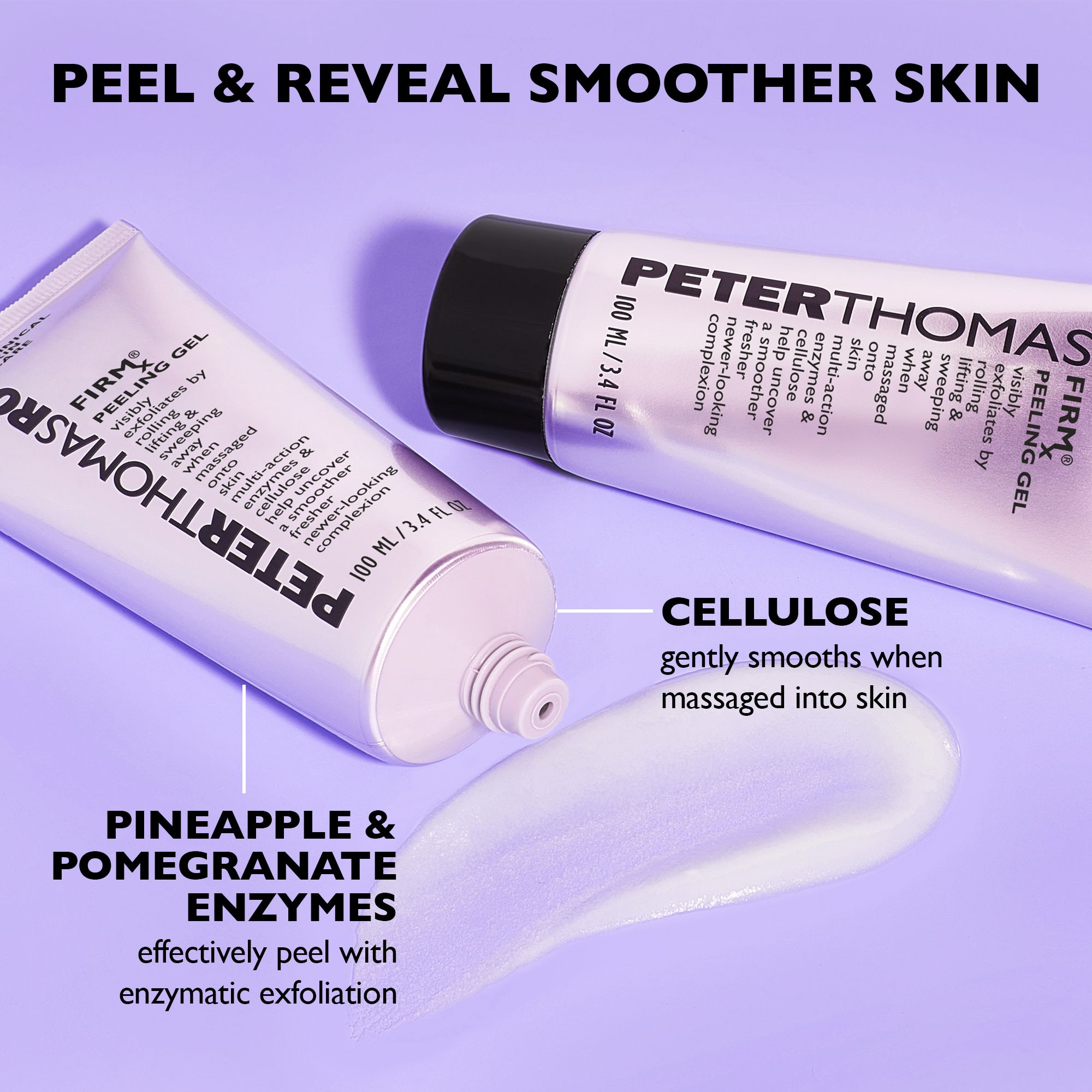 Twee tubes, productstreep. Tekst: PETER THOMAS ROTH, FIRM Peeling Gel. Opschrift: CELLULOSE, ANANAS & GRANAATAPPEL ENZYMEN. Tekst: PEEL & REVEAL SMOOTHER SKIN.