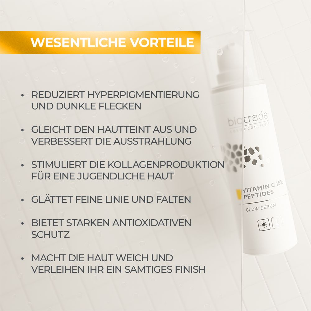 Graphique textuel des avantages du sérum Biotrade. Réduit l'hyperpigmentation, améliore l'éclat, stimule le collagène.