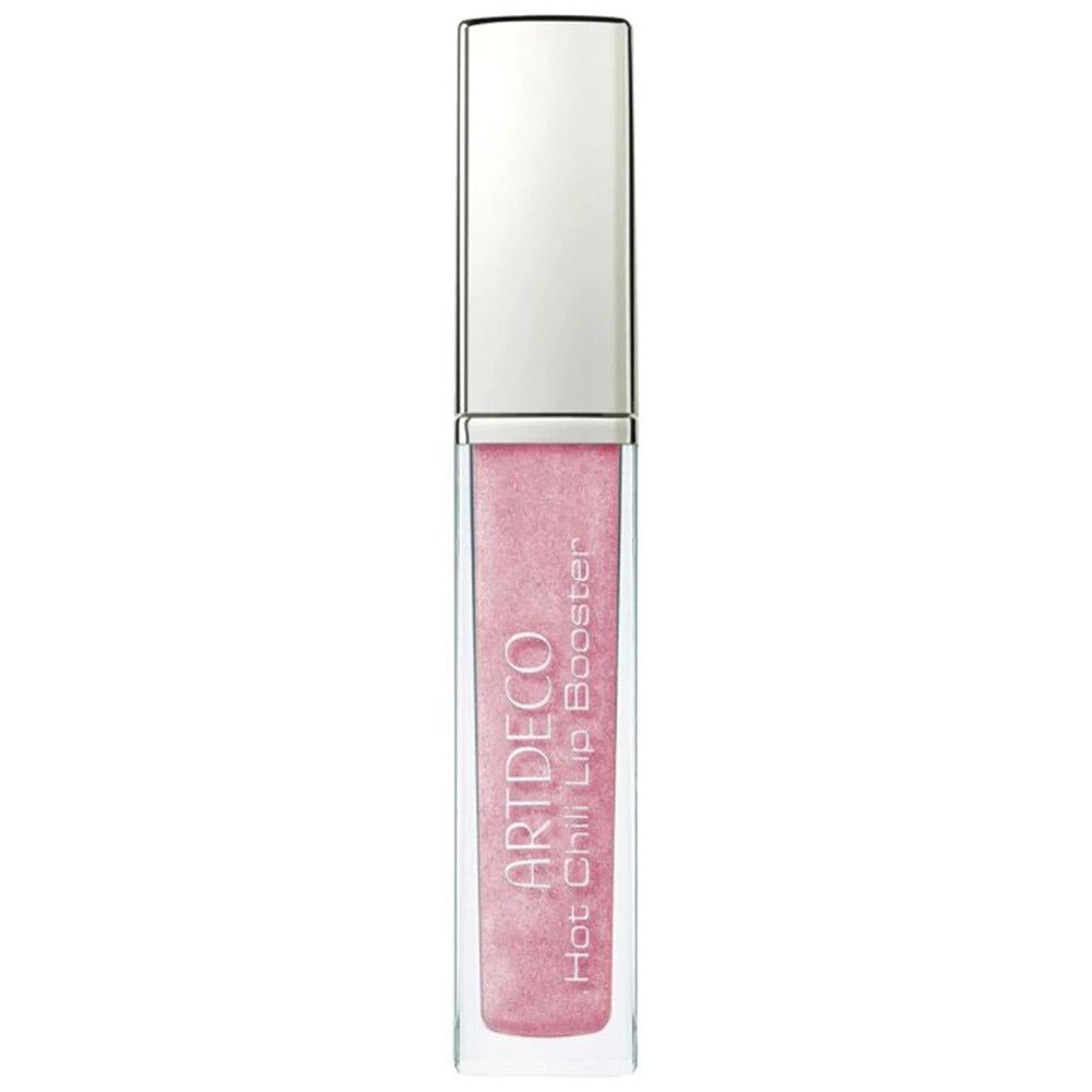 Artdeco Hot Chili Lip Booster in rechthoekige, transparante fles. Roze vloeistof, zilveren dop. Tekst.