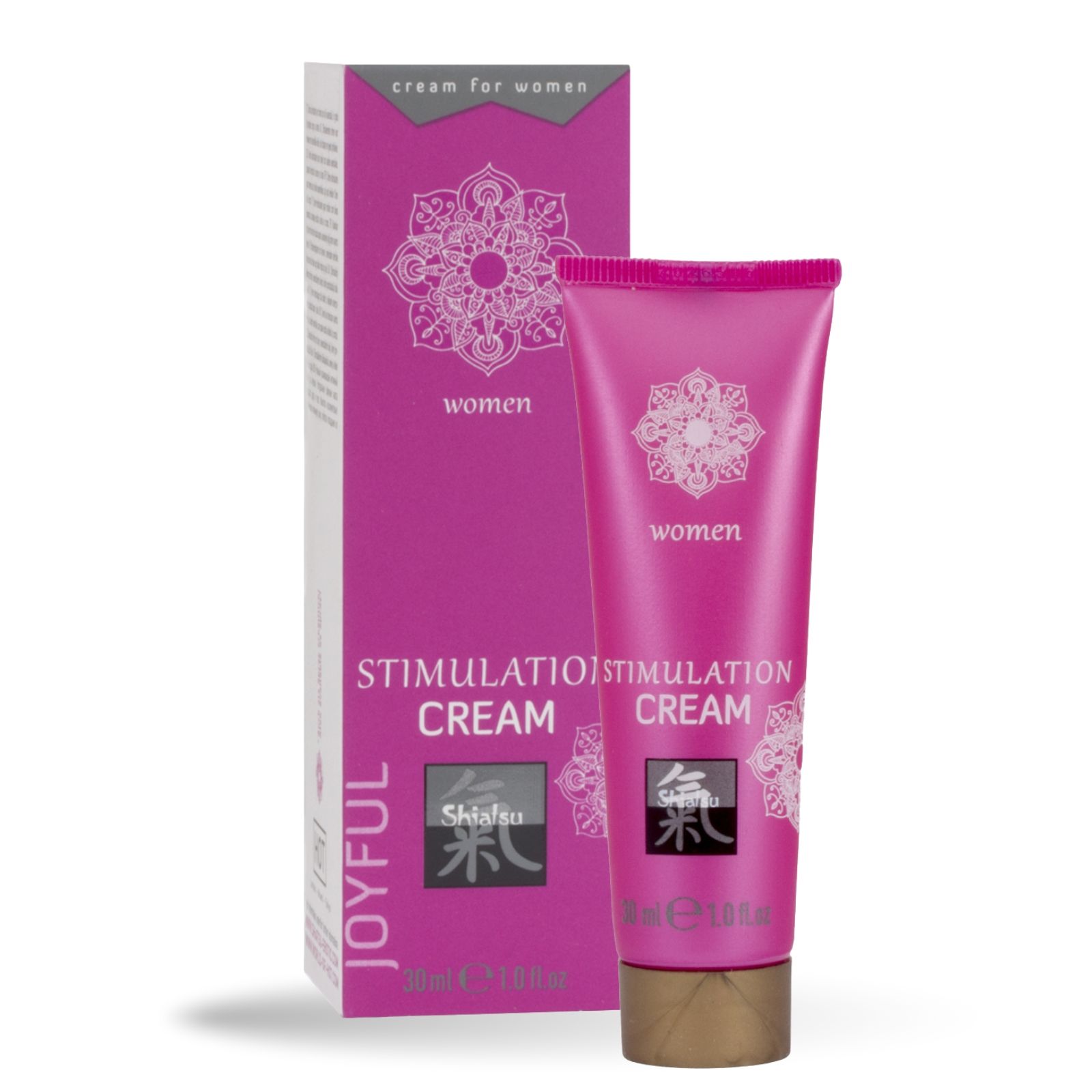 Tube et boîte roses. Inscription : Stimulation Cream, Shiatsu, Joyful. Pour femmes.