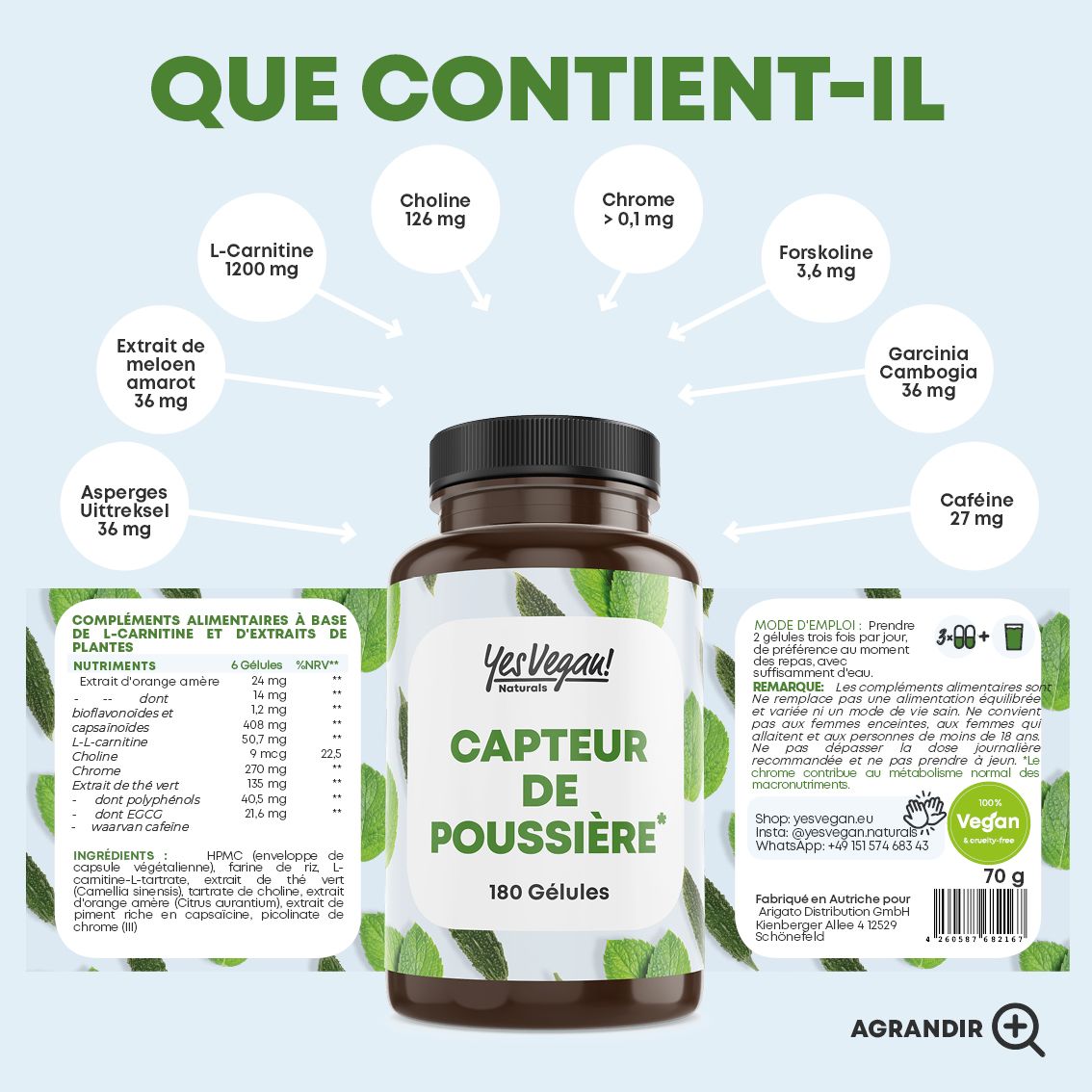 Bouteille de 180 gélules. Vue d'ensemble des ingrédients et instructions d'utilisation.