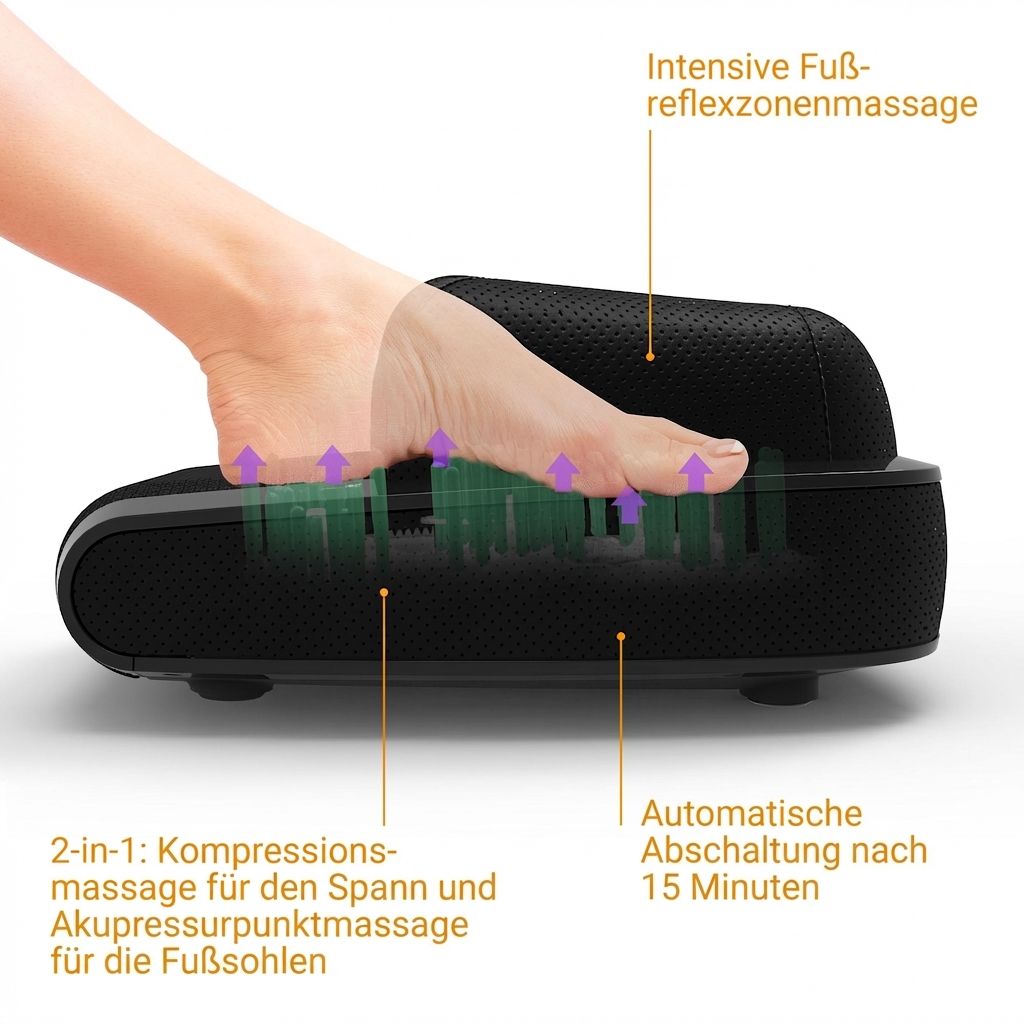 Vue détaillée d'un pied dans un masseur de pieds avec indicateurs de massage par compression.