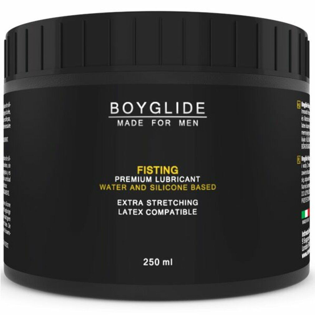 Pot noir. Inscription: BOYGLIDE, FISTING, lubrifiant premium, à base d'eau et de silicone, extra extensible, compatible latex. 250 ml.
