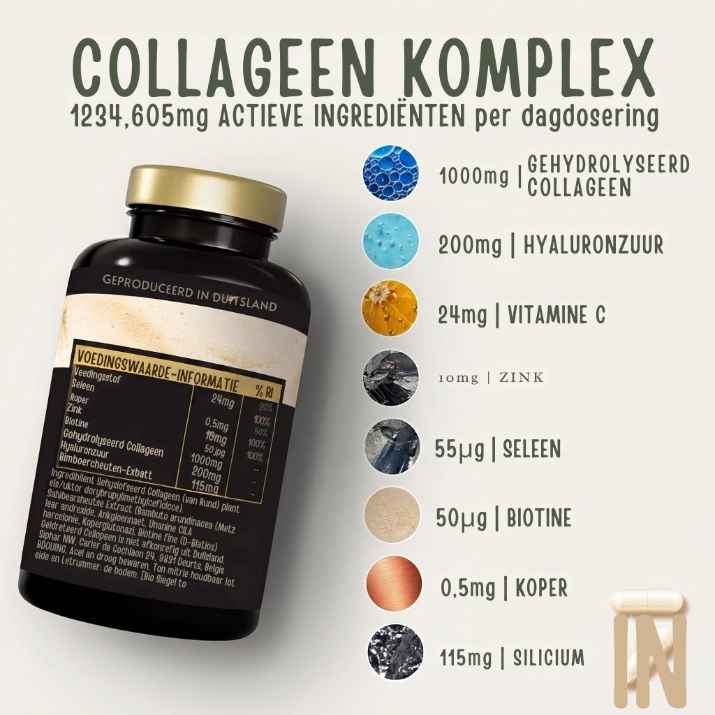 Donkere fles met goudkleurige dop, ernaast een lijst met ingrediënten en doseringen met kleine ronde afbeeldingen.