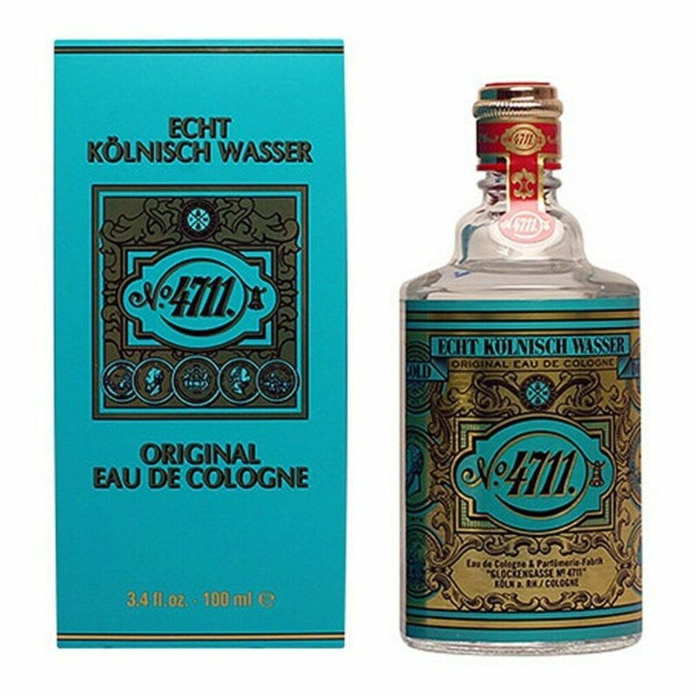 Flacon et boîte de 4711 Eau de Cologne. Le flacon est en verre avec un bouchon doré. La boîte est bleue avec des décorations dorées.