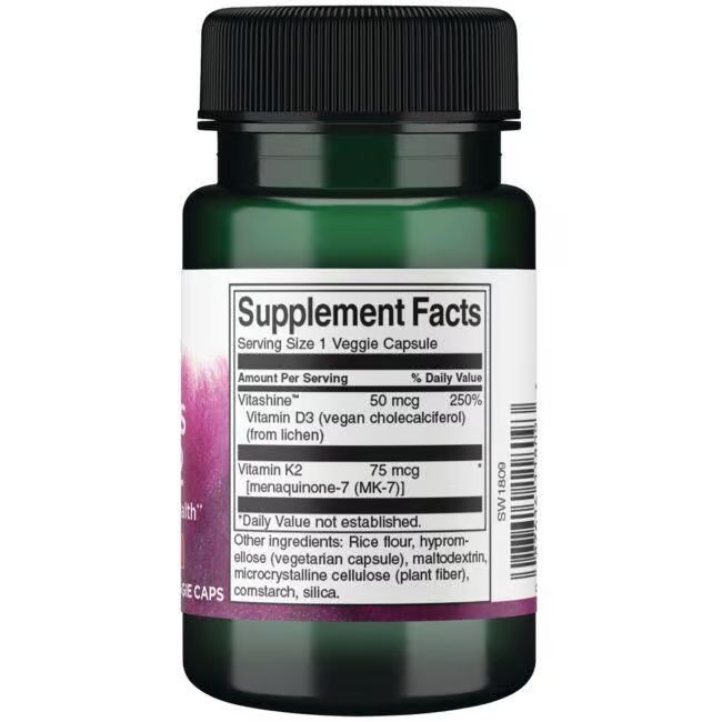 Arrière de la bouteille Swanson Vitamine D3 & K2 avec informations nutritionnelles et ingrédients.
