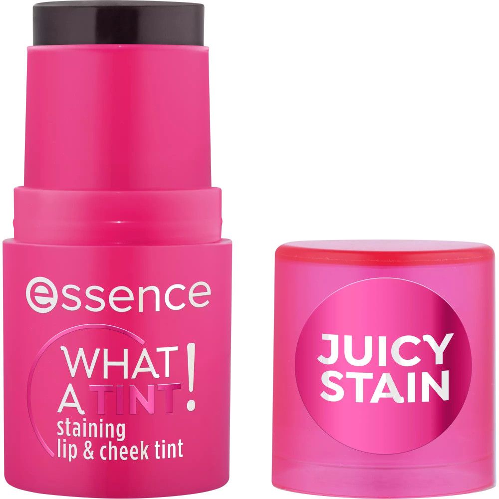 Lip- & wangtint, roze. Deksel met opschrift "JUICY STAIN". Productnaam en tekst "WHAT A TINT" zichtbaar.