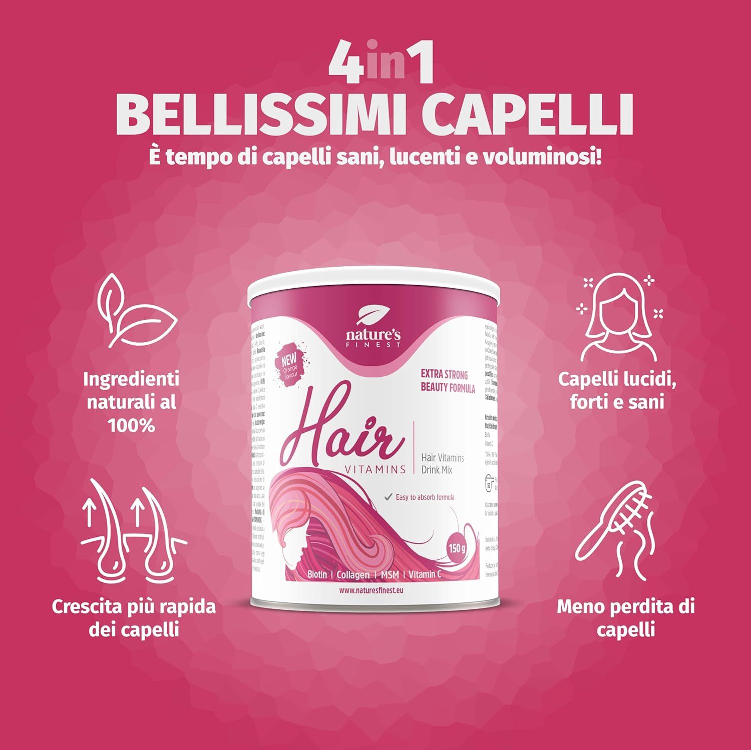 Emballage du produit Nature's Finest Hair Vitamins. Boîte avec illustration, texte et icônes. 4en1 pour de beaux cheveux.