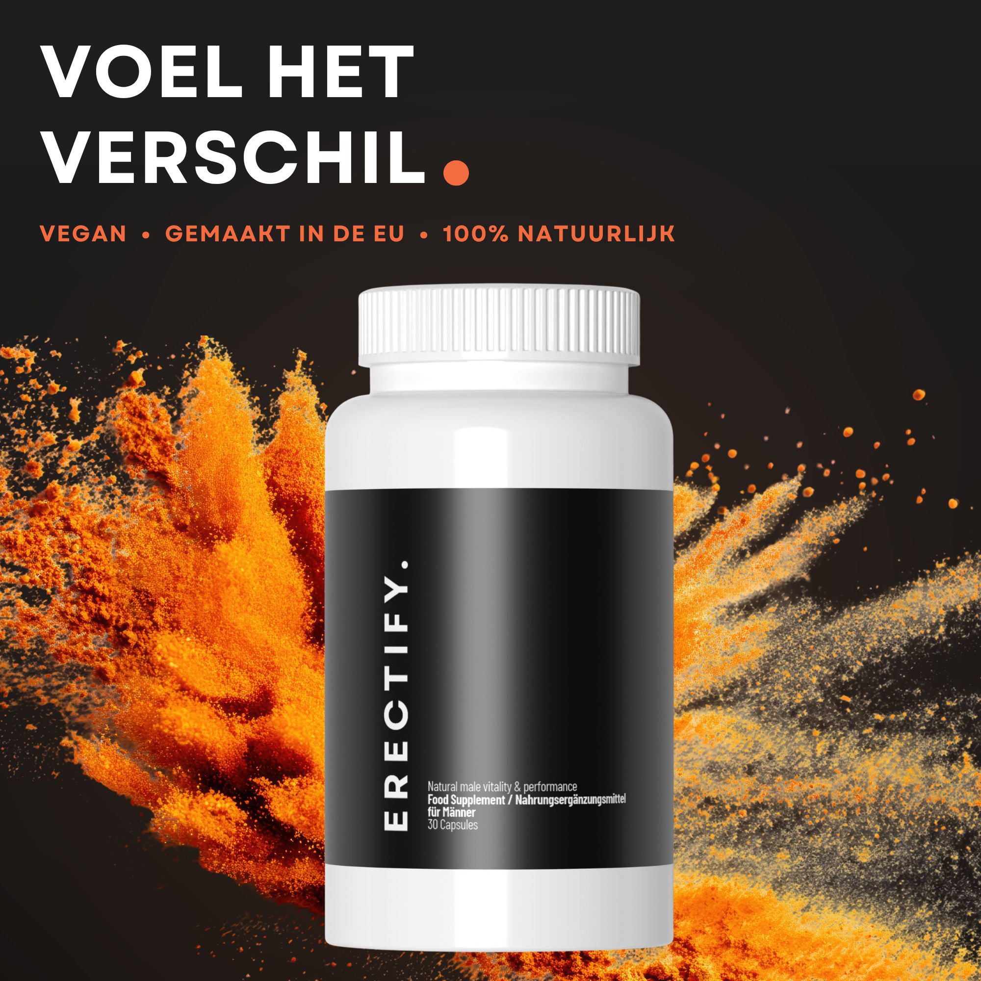 Fles met capsules. Tekst: Vegan, gemaakt in de EU, 100% natuurlijk. Oranje poeder-explosie op achtergrond.